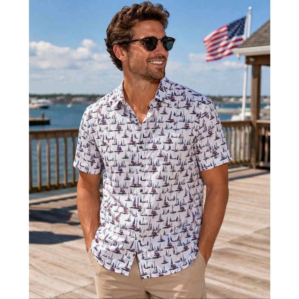 Jos.A.Bank Button up short sleeve sail boats,American flag Men’s size XL Slim Fi